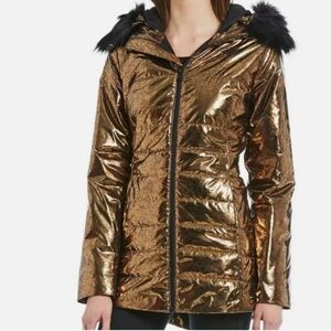 NWT North Face Gold/Black Faux Fur Hooded Jacket Sz Medium SOLD OUT RARE